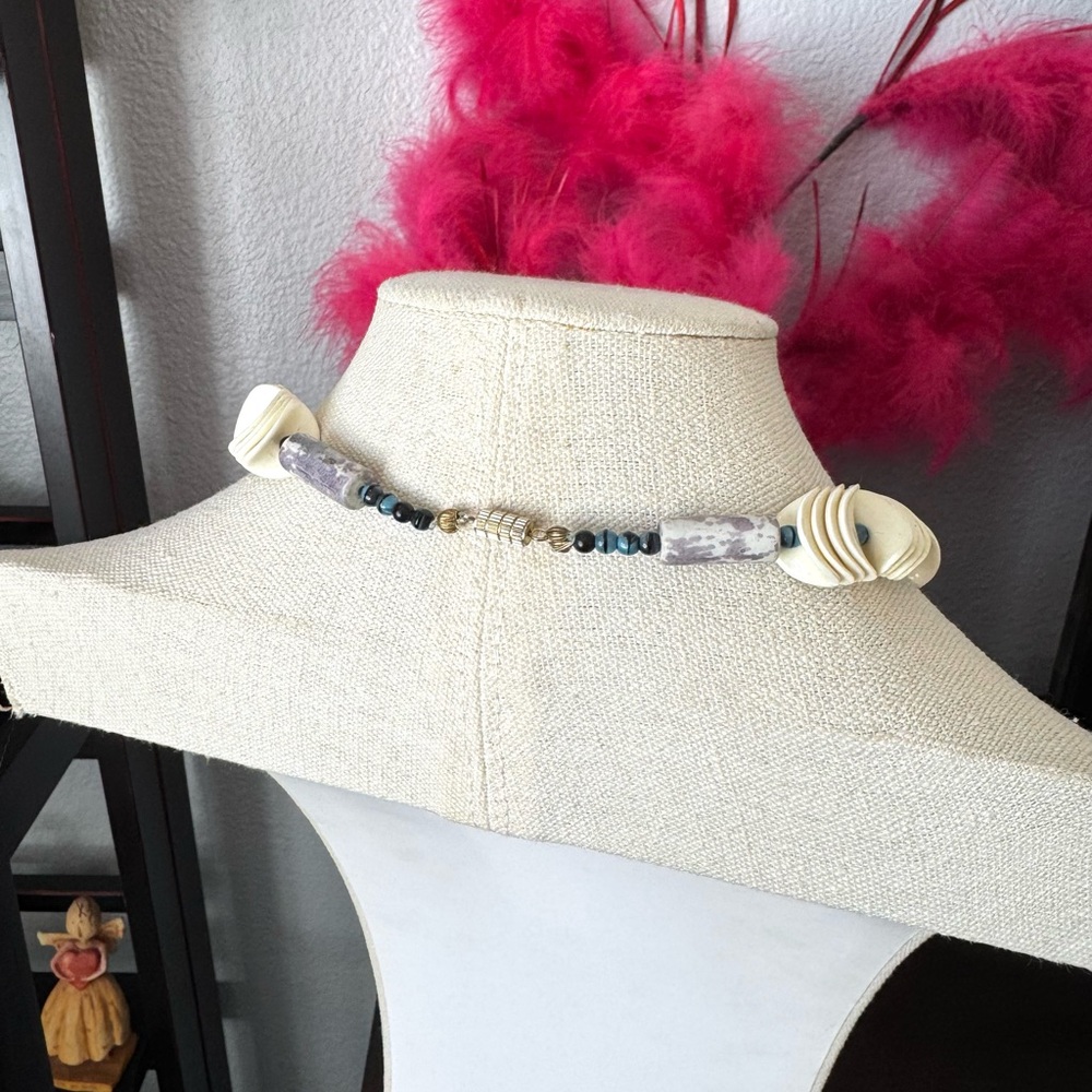 Artisan Cream and Purple Beaded Necklace - Picture 5 of 6